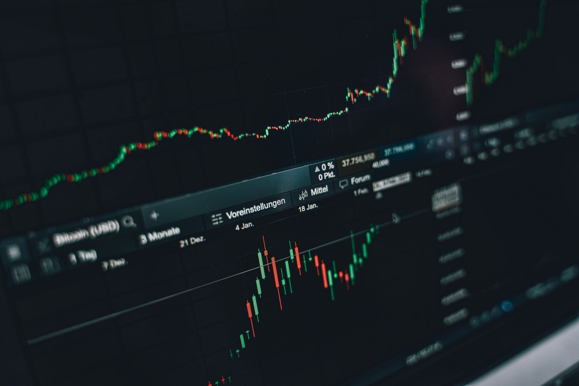 Financial data charts on screen representing DeFi yield analysis and staking returns