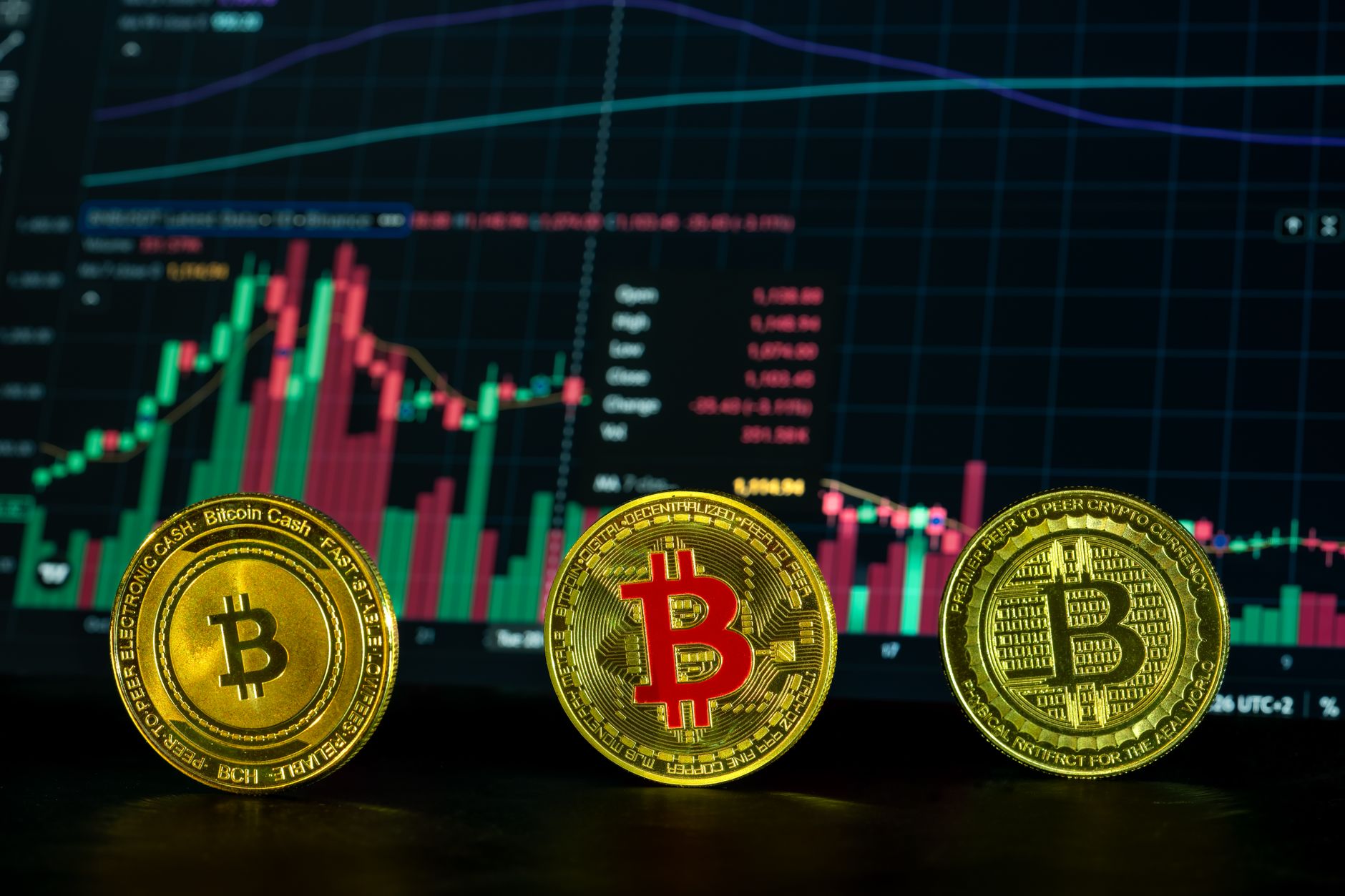 Physical cryptocurrency coins arranged near printed government documents